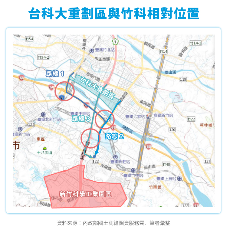 台科大重劃區跟新竹科學工業園區的相對位置
